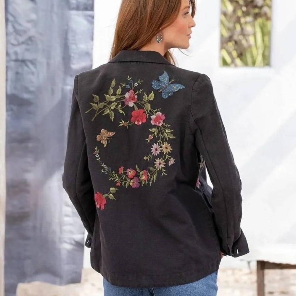 Sundance Cottagecore Whimsical Floral Embroidered Cotton Linen Blazer M